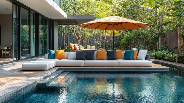 Elegant and Modern Sofa Set by a Tranquil Poolside, Perfect for Outdoor Relaxation and Stylish Gatherings in a Serene Garden Environment
