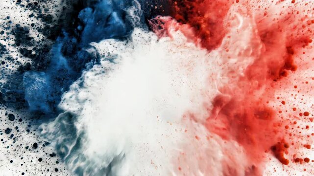 White, navy blue, red colored powder explosions on white background. Holi paint powder splash in colors of US, France flag