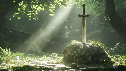 An ancient sword embedded in a stone illuminated by rays of sunlight in a mysterious forest setting