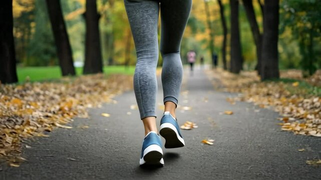 Gray leggings and blue athletic shoes are seen walking on a paved path