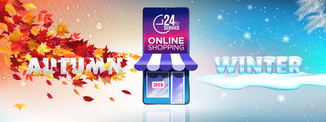 Autumn Winter Sale Online shopping illustration 24 hour service vector banner