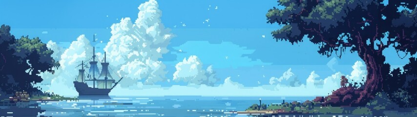 Fototapeta premium Pixel art tropical seascape with a sailing ship near an island and large tree. Bright and retro-style digital illustration for game design and adventure themes. Generative AI