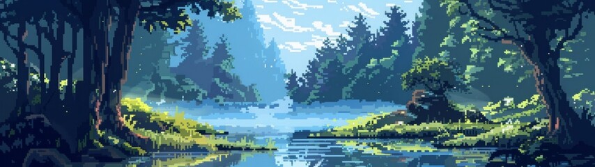 Pixel art forest lake scene with trees, sunlight, and reflections. Digital illustration of tranquil nature and woodland setting. Generative AI