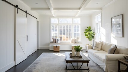 Modern Farmhouse Living Room with Sliding Barn Doors and Natural Light