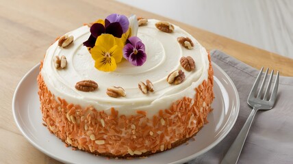 rot Cake with Cream Cheese Frosting and Edible Flower Topping