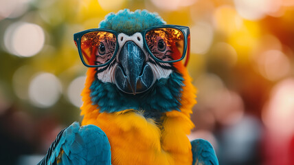 A bright blue and gold macaw, a colorful tropical bird with a long, curved beak, perches on a branch