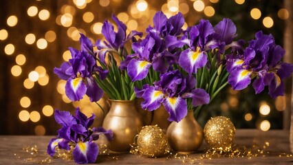 Valentine's day festive background A table with two vases of purple flowers and gold balls