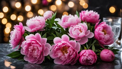Obraz premium Valentine's day festive background A bouquet of pink peonies is arranged on a table