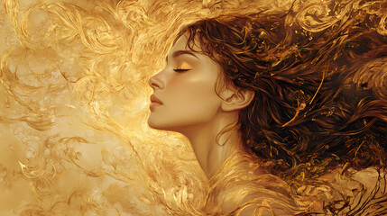Woman in golden reverie. Reverie. Illustration