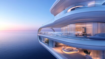 Modern High-Rise Building with Ocean View Balconies at Sunset