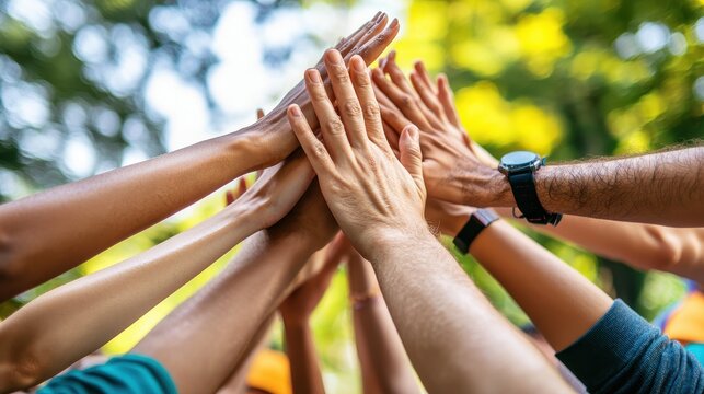 Team high five teamwork working together, diverse hands up showing power of tag team, multiethnic diversity people togetherness concept