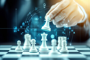 Chess strategy, futuristic chess board, holographic icons, business intelligence, decision making, blue glow, hand moving chess piece, white pawn, technological interface