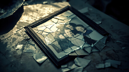 Broken Family Frame Among Shattered Glass Pieces Capturing the Fragility of Memories and Relationships in a Dimly Lit Setting