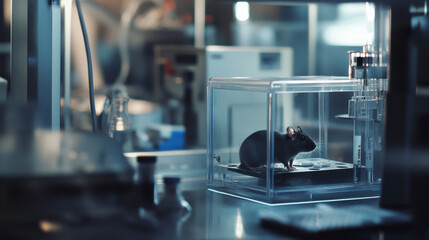 Close-Up View of a Lab Rat in a Transparent Enclosure within a Modern Laboratory Setting, Showcasing the Intricacies of Scientific Research and Animal Studies