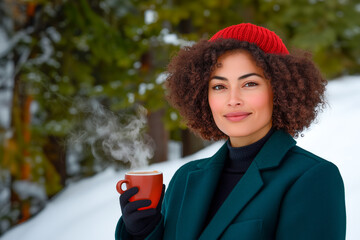 Latina Woman Smiling in a Snowy Christmas Forest