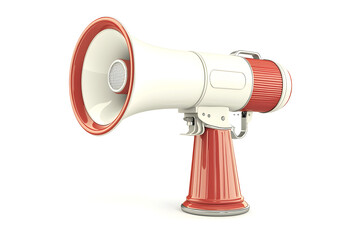 Vintage megaphone in red and white color resting on a plain background, ideal for promoting events, announcements, or advertising campaigns in a retro style.