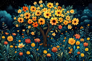 Obraz premium Night Blooming Flower Tree And Garden