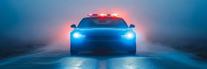 Police Car with Flashing Lights on the Road at Night