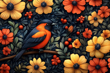 A Vivid Bird Perched Among Vibrant Flowers And Berries