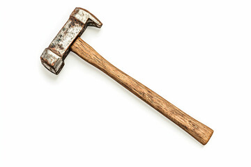 Vintage hammer with a wooden handle and metal head lying on a white background, ideal for construction, carpentry, repair work, and DIY projects.
