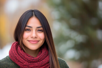 Latina woman in pine forest during Christmas season, portrait of a woman in a park