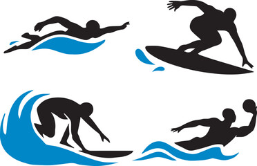 A Set of Water Sports Silhouette illustrations for Swimmer, Surfer, Diver, and Water Polo Player