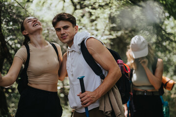 Group of friends hiking through a forest, embracing the sunny day, and enjoying an adventurous and healthy lifestyle amidst nature.