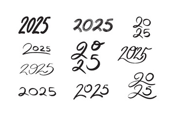 Hand drawn collection of handwritten 2025 number. Vector doodle set of 2025 Happy New Year symbols