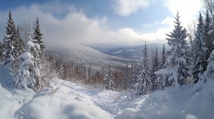 Naklejka premium Winter Forest with Snow-Covered Mountains and Blue Sky