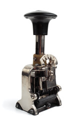 Vintage mechanical numerator isolated on white background. Close-up of an old mechanical numerator. Antique vintage counter.