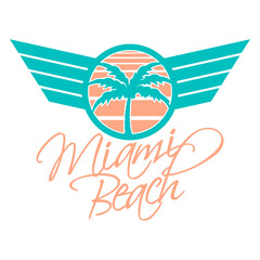 Miami Beach Florida USA Palms Sun America Fun Text Design Lover Art Vector Illustration Card T-Shirt Poster Sticker Graphic Print Decorative Drawing Isolated Logo Decoration Symbol Creative Cool Style