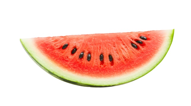 2D vector graphic of a ripe watermelon slice with visible seeds on a plain white background