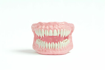 Obraz premium Realistic Pink Plastic Dentures with White Teeth Displayed on a White Background Ideal for Dental Education and Humorous Concepts