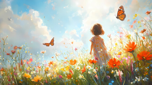 Joyful whimsy: a child's reverie surrounded by bright wildflowers and fluttering butterflies in a sunlit meadow. Reverie. Illustration