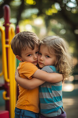 Fototapeta premium Two children hugging each other with tender expressions on a playground