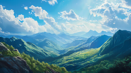 Obraz premium Mountain landscape with blue skies and green mountains. Reverie. Illustration