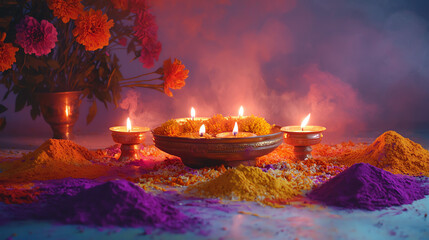 Nepalese Tihar festival display featuring glowing oil lamps and vibrant marigold flowers
