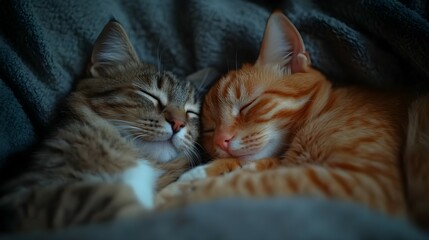 A close-up photo of a dog and cat snuggling together, deep focus, eye-level shot capturing their fur and the warmth of their interaction, providing a cozy and detailed portrait