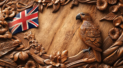 Celebrating Waitangi Day in New Zealand with intricate Māori carvings and a kiwi emblem