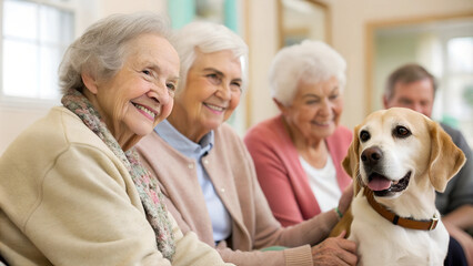 Eine Gruppe aus Seniorinnen glücklich lächelnd einem Hund zugetan. Herzlich warme freudvolle Atmosphäre