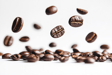 Coffee Beans Falling and Levitating On White Background High Key