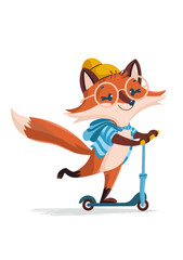 An animated fox character. The fox is depicted in a forward-leaning posture, riding a blue scooter