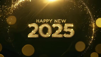 sparkling New Year’s Eve scene golden frames lights creating joyful atmosphere lcome 2025 style year year's fireworks gold illustration green background night sylvester greeting card text happy