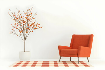 Cozy interior scene featuring an orange armchair, decorative tree, and stylish rug, perfect for enhancing modern living spaces and interior design projects.