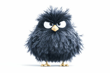 Fototapeta premium Cartoon owl with fluffy black feathers and expressive eyes, showcasing a playful and charming personality against a minimalist white background