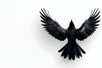 Obraz premium Majestic Black Bird in Flight with Outstretched Wings Captured Against a Minimalist Background Perfect for Artistic and Nature Themes