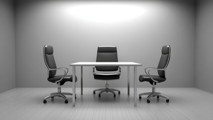A Minimal Modern Exhibition Stand with Chairs and a Table on a White Background