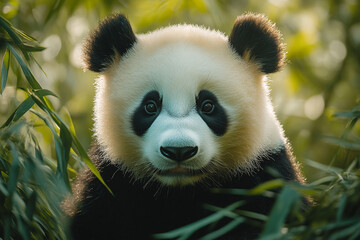 Fototapeta premium Adorable Young Panda Amidst Lush Green Bamboo