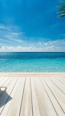 Relaxing ocean view with cups on a wooden table near the beach at sunrise