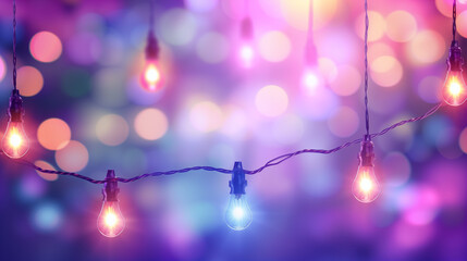 Colorful bokeh lights with hanging bulbs.